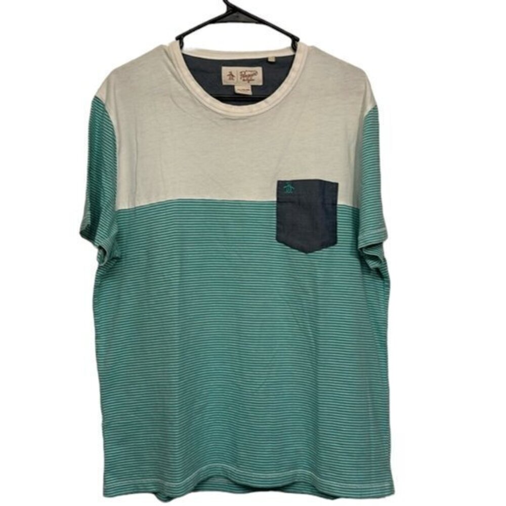 Men's Original Penguin Teal Stripe White Blue Pocket Short Size XL GUC #2048